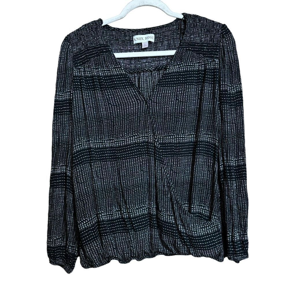Knox Rose Top Womens Large Black White Print Surplice Rayon Blouse
